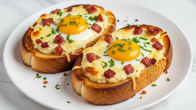 Two toasted bread boat halves with a crispy golden-brown crust are placed side by side on a white plate. Each bread boat is hollowed and filled with a baked egg featuring a bright yellow yolk in the center, surrounded by creamy white egg whites. Scattered on top are small pieces of browned ham and finely chopped green herbs. The edges of the bread are slightly charred, and there are a few crumbs and herbs on the plate. The background is a white marbled texture photo taken with an iphone --ar 4:5 --v 7