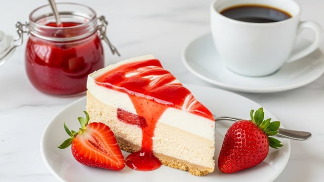 A slice of cheesecake with a smooth white cream top swirled with bright red strawberry sauce, showing creamy beige layers underneath, sits on a white plate. Next to the slice are two fresh red strawberry halves with green leaves. In the background, there is a small jar of bright red strawberry jam with a spoon inside it and a white cup filled with black coffee. The whole scene is placed on a white marbled surface. Photo taken with an iphone --ar 4:5 --v 7