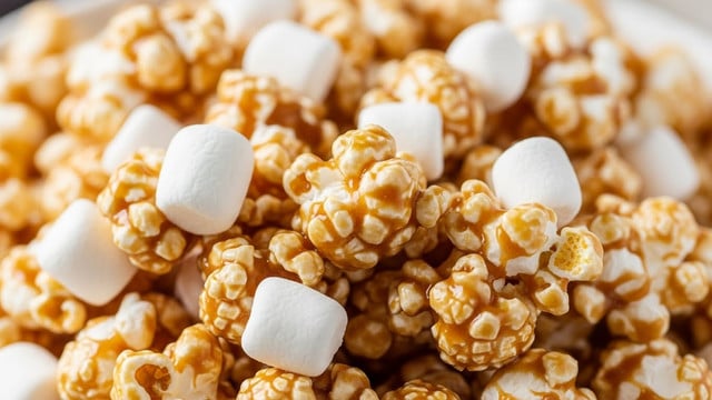 A close-up view of a white bowl filled with caramel corn popcorn, coated in light golden caramel sauce that gives a shiny look. The popcorn is fluffy and pale yellow with some pieces tinted light blue scattered inside. The bowl has a simple pattern with a pink rim, sitting on a white marbled surface. A few caramel corn pieces are placed around the bowl. photo taken with an iphone --ar 4:5 --v 7