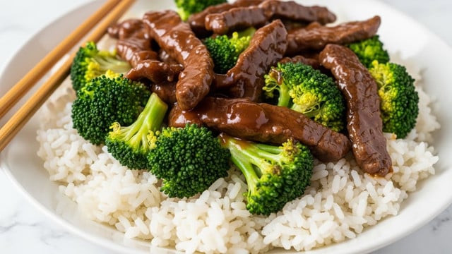 A close-up of a meal in a white plate showing three main layers, starting with a base of fluffy white rice covering the entire plate, topped with bright green broccoli florets that are slightly cooked and vibrant, scattered evenly across the rice. The top layer features tender, thin slices of brown beef coated in a shiny, rich dark brown sauce, which covers and mixes with the broccoli. The white marbled surface underneath adds a clean contrast, and a pair of wooden chopsticks rests on the left side of the plate, finishing the natural and fresh look of the dish. Photo taken with an iphone --ar 4:5 --v 7