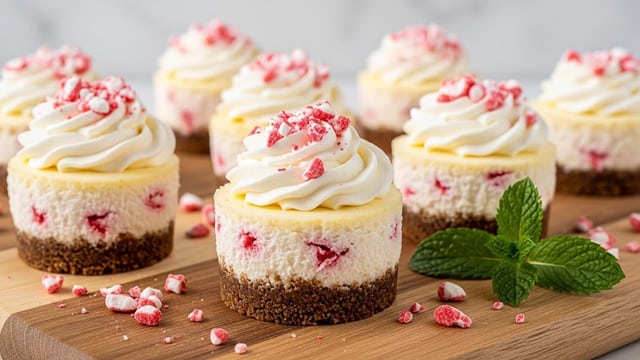 The image shows several mini cheesecakes on a wooden board with a white marbled background. Each cheesecake has two layers: the bottom layer is a thick, crumbly brown crust, and the top layer is creamy white cheesecake with small red bits mixed inside. On top of each cheesecake is a swirl of white whipped cream sprinkled with crushed red and white candy pieces. There are extra candy bits scattered around the cheesecakes on the wooden board, and a sprig of fresh green mint leaves sits to the side. The cheesecakes are evenly spaced, and the lighting highlights their smooth texture. photo taken with an iphone --ar 4:5 --v 7