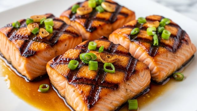 The image shows four square pieces of grilled salmon with a golden brown, slightly charred surface, arranged closely on a white plate. Each piece is topped with chopped green onions and small pieces of garlic, all covered in a shiny, dark brown glaze that pools lightly on the white marbled surface beneath the plate. The salmon’s texture is flaky and moist, with grill marks on the top layers, highlighting the juicy and tender inside of the fish. The scene has a warm tone and a close-up focus that emphasizes the freshness and glossiness of the sauce. photo taken with an iphone --ar 4:5 --v 7