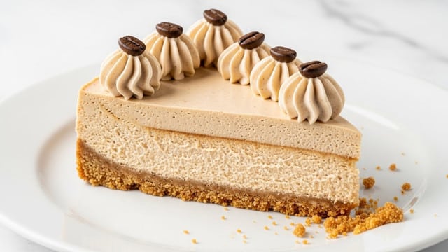 A slice of light brown coffee cheesecake with a smooth, creamy texture sits on a white plate. The cheesecake has a thick crust base, golden brown and crumbly, with one thin layer of dense cheesecake filling on top. Around the edge of the slice, there are five small swirls of light beige whipped cream, each topped with a single dark brown coffee bean. Loose crumbs are scattered on the plate near the cheesecake. The background is a white marbled texture. Photo taken with an iphone --ar 4:5 --v 7