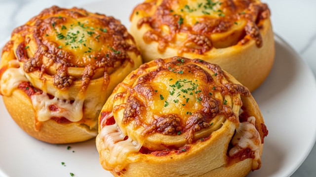 Three golden brown, baked rolls sit closely on a white plate on a white marbled surface. Each roll has a crusty, bubbly cheese layer on top, melted and browned with hints of orange and yellow, sprinkled with finely chopped green herbs. The edges reveal a soft, flaky dough with melted cheese and a visible red tomato sauce peeking out inside the layers, giving a warm and fresh look. The rolls appear soft and stuffed, with a glossy, slightly oily texture on the cheese top. photo taken with an iphone --ar 4:5 --v 7