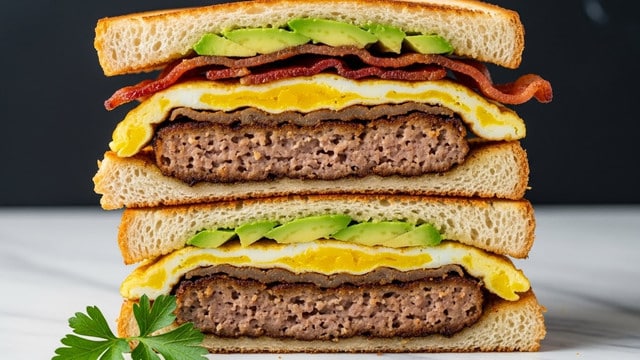 A close-up view of a tall sandwich cut in half and stacked, showing four layers of toasted white bread with a golden, crispy texture on the outer slices; the first layer inside is a thick, browned sausage patty with a crumbly texture, the next layer above it has crispy bacon strips with a reddish-brown color, followed by soft, scrambled yellow eggs mixed with green avocado slices peeking out, all stacked neatly and held together. The sandwich is set against a dark background with a sprig of fresh green parsley at the base on a white marbled surface. photo taken with an iphone --ar 4:5 --v 7