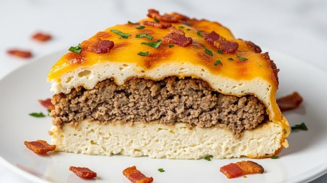 A close-up of a thick slice of layered casserole on a white plate with a white marbled surface below, showing two main layers: a bottom layer of cooked ground beef with a dark brown, slightly crumbly texture, and a top layer of creamy mashed potatoes that are smooth and pale yellow with a golden-brown melted cheese crust on top. The top is dotted with crispy bacon pieces and small chopped green herbs, adding pops of red and green colors to the yellow cheese. Small bits of crispy bacon and herbs are scattered around the plate, with some juices visible. The scene is clear and bright, with warm tones highlighting the food’s texture and colors. photo taken with an iphone --ar 4:5 --v 7