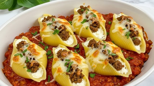 In a white oval baking dish, there are five large pasta shells arranged close together in a single layer. Each shell is filled with a creamy white cheese mixture, topped with browned, crumbled ground meat and finely chopped green herbs. The shells sit on a base of chunky, rich red tomato sauce studded with more ground meat. The cheese on top is melted and slightly browned in spots, giving a creamy and textured look. The background features a white marbled surface with blurred green leaves, enhancing the fresh appearance of the dish. photo taken with an iphone --ar 4:5 --v 7