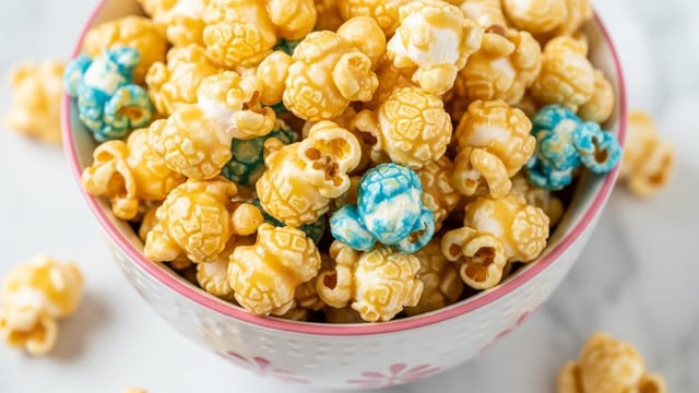 The image shows a close-up of popcorn coated in shiny caramel and melted marshmallow, creating a glossy, sticky texture that covers each popcorn piece evenly. The popcorn kernels are tightly packed together, with the caramel giving a light golden brown color and the marshmallow adding a smooth, white shine on top. The background is softly blurred, making the popcorn cluster the clear focus, with the lighting highlighting the shine and texture of the coating. photo taken with an iphone --ar 4:5 --v 7