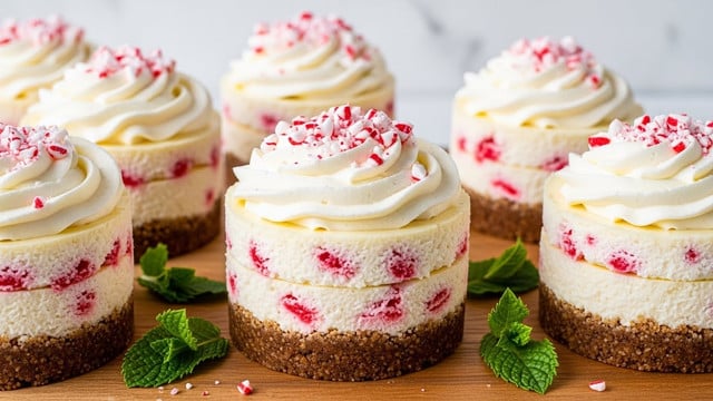 The image shows several small round cheesecakes with three layers each, placed on a wooden board. The bottom layer is a thick, crumbly brown crust. The middle layer is creamy white cheesecake mixed with small red candy pieces throughout. The top layer is a generous swirl of white whipped cream, sprinkled with broken tiny red and white peppermint bits. Fresh green mint leaves are scattered around the cheesecakes on the board. The background is a white marbled texture. photo taken with an iphone --ar 4:5 --v 7