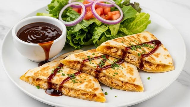 The dish shows three triangular quesadilla pieces on a white plate, each piece golden brown with light grill marks and sprinkled with chopped green herbs. The quesadillas have visible melted cheese and shredded chicken filling inside, with a glossy dark sauce drizzled over the top. On the side of the plate is a small white bowl filled with a thick dark brown dipping sauce, with some sauce dripping slightly down the inside. Next to the quesadillas is a fresh salad made of bright green leafy lettuce, sliced purple onions, and chopped red tomatoes. The plate is set on a white marbled surface. Photo taken with an iphone --ar 4:5 --v 7