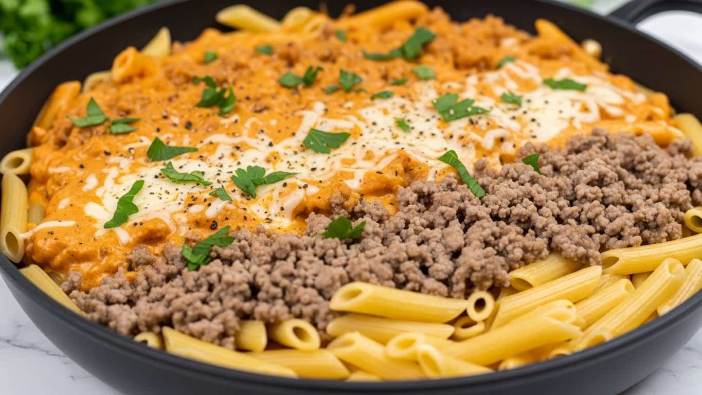 The image shows a close-up of a creamy pasta dish in a white bowl with a dark rim. The pasta is penne, coated in a thick, orange-colored sauce mixed with small pieces of browned ground meat spread evenly throughout. A layer of melted cheese sits on top in the middle, creamy and slightly browned, sprinkled with small bits of chopped green herbs and black pepper flakes. The texture of the sauce looks rich and smooth, coating every piece of pasta, and the dish appears warm and inviting. The background features a white marbled texture and some soft green leaves slightly out of focus. photo taken with an iphone --ar 4:5 --v 7