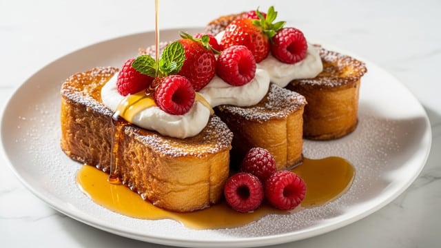 Three thick, golden-brown French toast slices are placed in a row on a white plate, each slice showing a slightly crispy texture with a soft inside. On top of the toast, there is a layer of white whipped cream, topped with fresh red raspberries and a small strawberry. A few raspberry pieces rest next to the toast on the plate, which is covered with a shiny layer of dark syrup pooling around the slices. A sprinkle of powdered sugar covers the toast and berries, and a small sprig of green mint leaves adds a fresh touch on top. A thin stream of syrup is being poured onto the toast from above. The setting is a white marbled surface in soft daylight. photo taken with an iphone --ar 4:5 --v 7