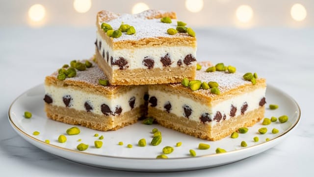 Two square cake pieces stacked on a white plate set on a white marbled surface. Each cake piece has three layers: the top and bottom layers are golden brown cake with a slightly crumbly texture, while the middle layer is thick white cream with small dark chocolate chips mixed in. The top cake layer is dusted with powdered sugar and scattered with whole chocolate chips and small green pistachio pieces. There are some pistachio pieces and a chocolate chip on the plate around the cake. The background is softly blurred warm lights. Photo taken with an iphone --ar 4:5 --v 7