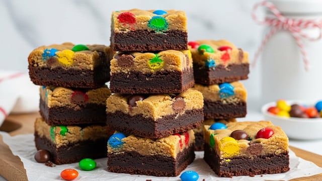 A close-up view of a stack of seven square bars with two distinct layers: the bottom layer is thick, dark brown, dense, and fudgy chocolate brownie, while the top layer is golden brown cookie dough mixed with colorful candy-coated chocolate pieces scattered throughout. The bars are placed on crumpled parchment paper over a wooden board with a white marbled textured background and a blurred white container tied with a brown string in the back. Small candy pieces are scattered around the stack adding a playful touch. photo taken with an iphone --ar 4:5 --v 7