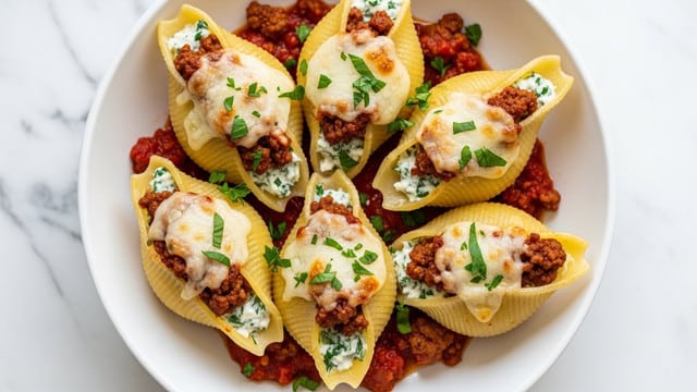The image shows five large pasta shells placed in a white bowl on a white marbled surface. Each shell is stuffed with creamy white cheese mixed with green herbs and topped with browned minced meat. The shells rest on a thick red tomato sauce base with chunky bits of cooked meat spread around them. The melted cheese on top looks bubbly and slightly browned, while fresh chopped parsley is sprinkled evenly over the entire dish for a fresh green touch. photo taken with an iphone --ar 4:5 --v 7