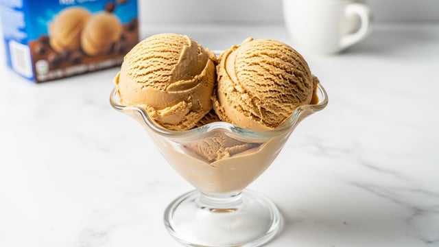The image shows two large scoops of light brown ice cream placed side by side in a clear glass dessert cup with a short stem and flared top. The ice cream has a smooth, creamy texture with some visible soft ridges and folds. The background is a white marbled surface with a blurred carton and cup in soft focus behind the dessert cup. The lighting is bright, highlighting the creamy and rich texture of the ice cream. photo taken with an iphone --ar 4:5 --v 7