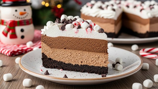 A slice of layered chocolate mousse cake sits on a white speckled plate with a dark crumb crust as the bottom layer. Above the crust is a thick layer of lighter brown chocolate mousse, topped by a smoother, darker chocolate mousse layer. The top layer is fluffy white whipped cream scattered with small white marshmallows, chocolate chips, and crushed peppermint candy pieces. The plate rests on a wooden table with mini marshmallows and a red-and-white candy cane on the surface, while a snowman-themed mug and a blurred festive decoration with warm tones fill the background. Photo taken with an iphone --ar 4:5 --v 7