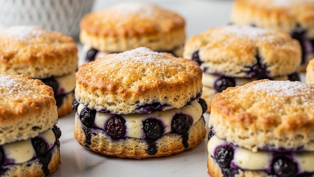 The image shows several round blueberry scones arranged closely together on a white marbled surface, each scone having two main layers. The top layer is golden brown with a slightly crispy texture, showing small browned spots and a soft crumb. The bottom layer is filled with dark purple blueberries embedded in a creamy, white batter that appears moist and slightly melted, oozing out gently between the layers. The scones have a rustic look with uneven edges and a dusting of powdered sugar on top. In the background, there is a blurred cup with a gray pattern. Photo taken with an iphone --ar 4:5 --v 7