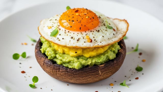 A close-up of a stuffed portobello mushroom placed in the center of a white plate, showing three layers: a dark brown and textured mushroom base, a thick spread of bright green mashed avocado with hints of yellow, and a perfectly cooked sunny-side-up egg on top with a bright orange yolk and white edges slightly crisped and sprinkled with black pepper and small red flakes. Small green herbs and spices are scattered around the plate on a white marbled surface. photo taken with an iphone --ar 4:5 --v 7