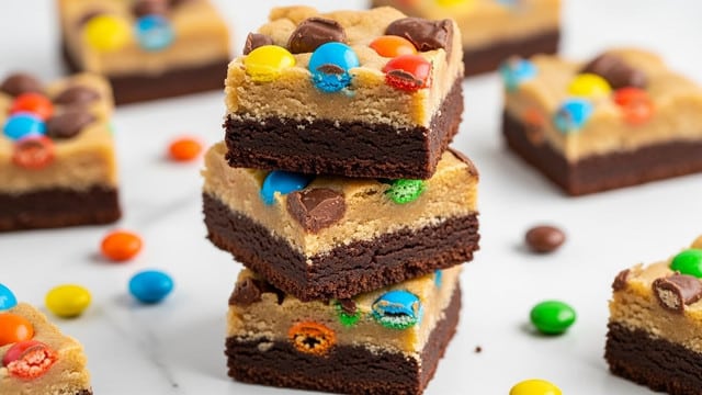 The image shows three stacked dessert bars on a white marbled surface, each bar having two clear layers. The bottom layer is dark brown, dense, and fudgy with a rich chocolate look. The top layer is a thick, lighter tan cookie dough texture, scattered with colorful candy-coated chocolate pieces and small chunks of melted chocolate that blend slightly into the top and bottom layers. Around the bars, there are more dessert pieces and loose candy pieces scattered, adding bright orange, yellow, blue, green, and red spots to the scene. The close-up view brings out the soft, crumbly texture of the cookie layer and the moist, gooey chocolate bottom layer. photo taken with an iphone --ar 4:5 --v 7