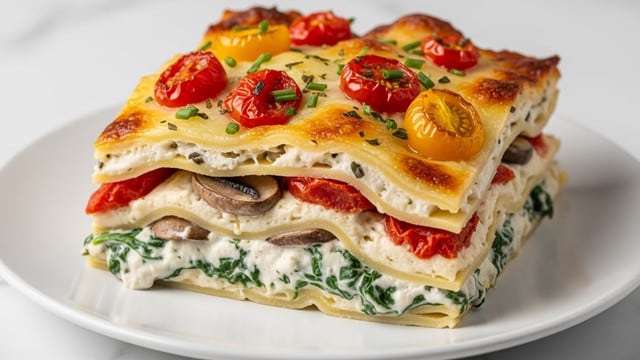 A thick slice of lasagna sits on a white plate on a white marbled surface, showing multiple layers starting with a creamy white sauce base mixed with spinach and mushrooms in the bottom layer. Above this are thin layers of pasta, each separated by creamy white sauce with bits of cooked mushrooms and spinach, and chunks of roasted red tomatoes. The top layer is covered with browned, bubbly cheese with vibrant pieces of red and yellow roasted cherry tomatoes and green herb sprinkles, giving it a fresh and rich look. The edges of the lasagna slightly melt into the plate, showing the creamy texture inside. Photo taken with an iphone --ar 4:5 --v 7