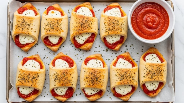The image shows eight golden-brown crescent rolls on a baking tray, each stuffed with melted white cheese and bright red tomato sauce peeking out from inside. The rolls have a slightly crispy, flaky texture with some sprinkled herbs and black pepper on top. Around the edges, the dough looks soft and layered, with some parts folded in curves. There is a small white bowl filled with smooth, thick red sauce at the top right corner of the tray, all set on a white marbled surface. photo taken with an iphone --ar 4:5 --v 7