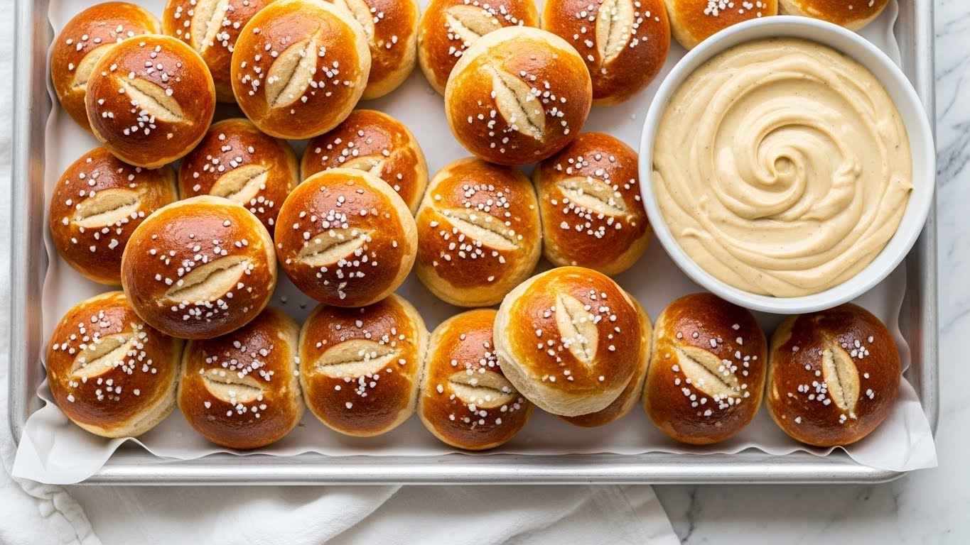 The image shows a tray filled with golden-brown soft pretzel bites, each lightly sprinkled with coarse white salt crystals. The pretzels have a shiny, smooth crust with visible splits on top revealing a light, fluffy interior. They are arranged closely together on a white parchment paper lining the tray. On the right side of the tray, there is a white bowl filled with a creamy, light yellow mustard dip with a smooth, swirled texture. The entire setup is placed on a white marbled surface with a white cloth partially visible beneath the tray. photo taken with an iphone --ar 4:5 --v 7