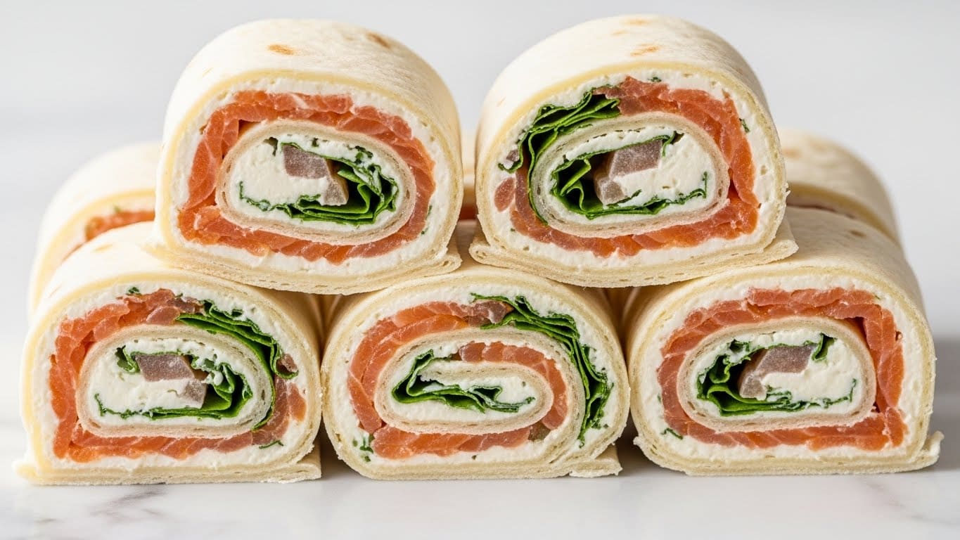The image shows a close-up of several cream cheese and smoked salmon pinwheel sandwiches stacked closely together. Each pinwheel has a light, soft tortilla wrap with visible layers of orange smoked salmon, creamy white cheese, and green herbs or vegetables, all rolled tightly to form spiral shapes. The pinwheels are placed on a white marbled surface, giving a fresh and clean look. Photo taken with an iphone --ar 4:5 --v 7