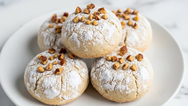 The image shows four soft, round cookies stacked in a small pile on a white plate. Each cookie has a light beige base with a sugar-dusted top, giving them a snowy white layer on the surface. On top of the powdered sugar layer, there are small pieces of chopped nuts scattered, adding a rough texture and dark brown color contrast. The cookies have a slightly crumbly texture and are placed on a white marbled surface background. Photo taken with an iphone --ar 4:5 --v 7