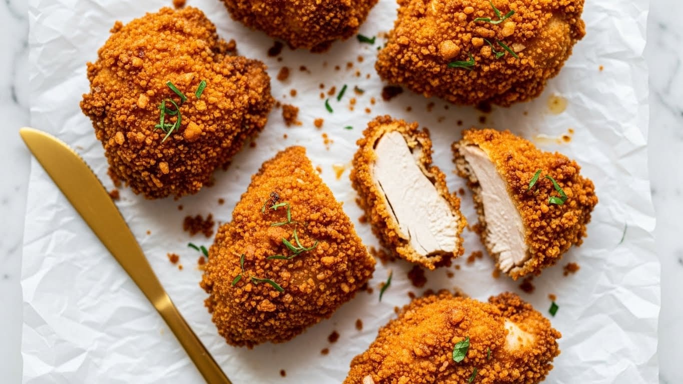 The image shows several pieces of crispy fried chicken with a golden-brown crunchy coating, scattered on white parchment paper. Some pieces are whole, while others are cut to show the juicy, tender white meat inside. The texture of the coating looks rough and crunchy with small herb leaves sprinkled on top. A golden metal utensil lies next to the chicken, and the background is a white marbled texture. The overall look is warm and appetizing, emphasizing the crispiness of the chicken. Photo taken with an iphone --ar 4:5 --v 7