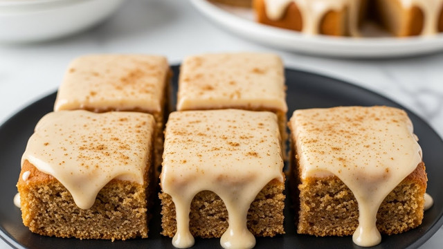 The image shows several small square cakes with a golden-brown, slightly crispy base layer. Each cake is topped with a smooth, creamy light beige icing that drips down the sides slightly. The icing is decorated with small brown sugar crystals scattered across the top. The cakes are placed on a white plate with a subtle glossy finish, resting on a white marbled textured surface. The shot is taken close up, focusing on the front cake with others softly blurred in the background, highlighting the texture and shine of the icing. photo taken with an iphone --ar 4:5 --v 7