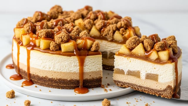 A round cheesecake is shown with a slice cut out and placed in front. The cheesecake has four visible layers: a firm, crumbly brown crust at the bottom, a thick light cream layer above it, a thin caramel-colored layer on top of that, and a thick pale cream layer forming the main body. The top is covered with chunky crumbs and pieces of light golden cooked apples. Caramel sauce is drizzled lightly over the top and edges, some also pooling on the white plate. The dessert sits on a white plate on a white marbled table, with some crumbs scattered around. Photo taken with an iphone --ar 4:5 --v 7