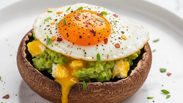 A large, dark brown portobello mushroom cap sits at the base, its surface textured with natural grooves and a slight shine. On top of the mushroom is a generous layer of bright green smashed avocado, mixed slightly with soft yellow egg yolk bits. Resting on the avocado is a perfectly cooked sunny-side-up egg with a vibrant, glossy orange yolk center surrounded by firm, white edges. The egg is sprinkled with cracked black pepper and small red pepper flakes, along with tiny green herbs for garnish. The dish is placed on a white plate with a white marbled texture underneath, with some scattered herbs around for decoration. Photo taken with an iphone --ar 4:5 --v 7