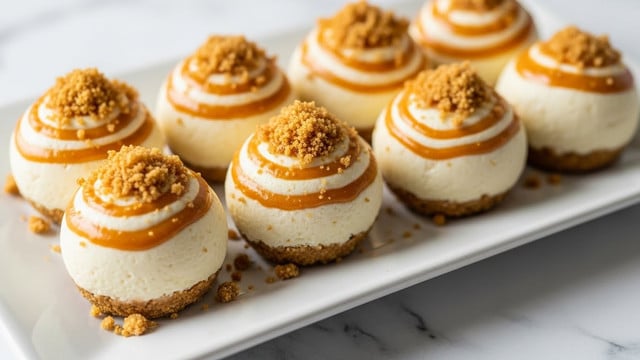 The image shows seven round balls placed closely together on a white rectangular plate. Each ball has a smooth, creamy white base with light swirls of golden caramel around them. The tops and some sides of the balls are coated with a crumbly, golden brown topping that looks crunchy, with some crumbs scattered around the plate. The plate rests on a white marbled texture surface, and soft natural light highlights the shiny texture of the creamy balls. Photo taken with an iphone --ar 4:5 --v 7