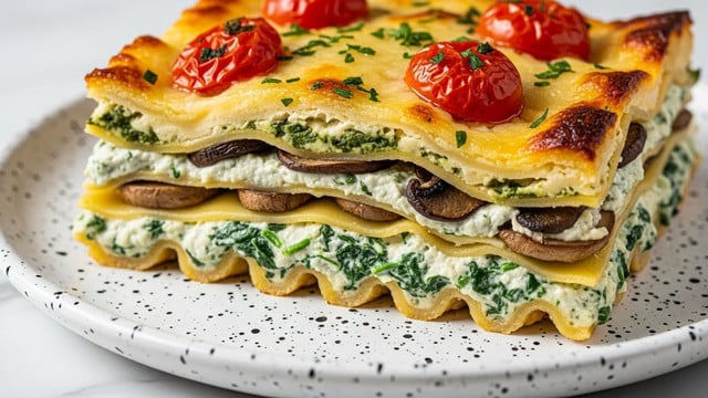The image shows a close-up of a slice of layered lasagna on a white plate with black speckles, placed on a white marbled surface. The lasagna has multiple layers: the bottom layer is a creamy cheese spread mixed with chopped spinach, above it is a layer of pasta sheets. Then there is a layer with cooked mushrooms followed by another pasta sheet, topped with a creamy cheese and spinach mixture. The top layer has a golden brown baked cheese crust with whole roasted cherry tomatoes and sprinkled green herbs. The edges of the lasagna are slightly browned, showing a textured, baked surface. photo taken with an iphone --ar 4:5 --v 7