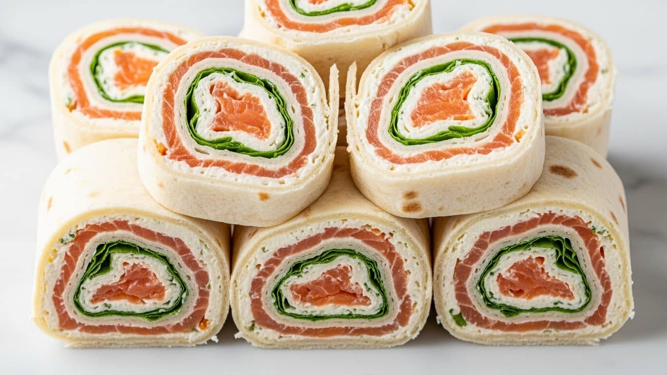 The image shows several small rolled wraps stacked close together on a white plate. Each wrap has multiple layers starting with a light beige tortilla on the outside, followed by a creamy white layer beneath it. Inside, there are bright orange layers of shredded carrot, thin slices of light pink turkey or chicken, and bright green leafy spinach or lettuce. The wraps are cut into even pieces, showing the spiral of colorful layers inside, and the plate is set on a white marbled surface. photo taken with an iphone --ar 4:5 --v 7