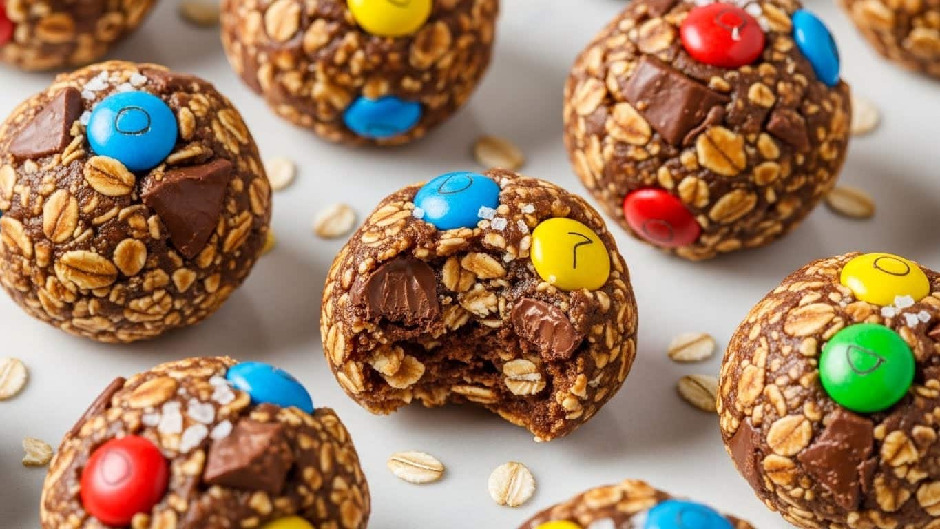 A black plate filled with about 15 rounded energy balls made of oats and peanut butter, each studded with dark chocolate chips and colorful candy-coated chocolate pieces in blue, red, green, and yellow, with a slight sprinkle of coarse salt on top of some balls, all placed on a white marbled surface with a folded yellow cloth on the left side near the plate; the energy balls have a rough texture with visible oats and chocolate chips. photo taken with an iphone --ar 4:5 --v 7
