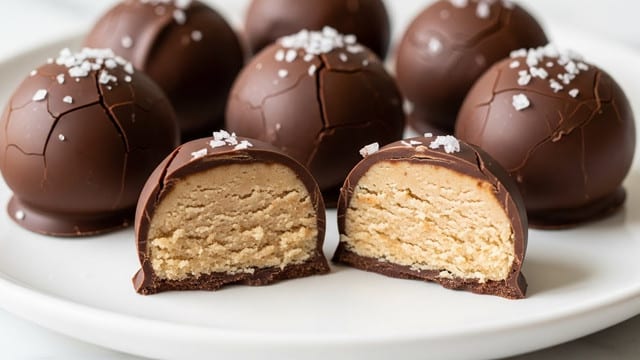 The image shows four round chocolate-covered treats on a white plate with a light golden rim, placed on a white marbled surface. Three of the treats are whole, with a dark, smooth chocolate coating topped with small clusters of coarse sea salt, giving a slightly textured look. The fourth treat is cut in half, revealing a thick outer layer of dark chocolate and a creamy, pale beige filling inside with a crumbly texture. The treats are arranged in a close group, with the cut one in the front and the others behind it. photo taken with an iphone --ar 4:5 --v 7