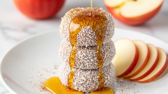 A white plate holds about ten round, soft-looking balls that have a light yellow base texture mixed with small air holes inside, showing fluffiness. Each ball is covered in a layer of white shredded coconut with a sprinkle of fine brown powder on top, which is unevenly spread, giving a slightly rough look. One ball is lifted, showing its inside texture with a small bite taken out. The plate sits on a white marbled texture with two red apples blurred in the background, adding a warm, homemade feeling. Photo taken with an iphone --ar 4:5 --v 7