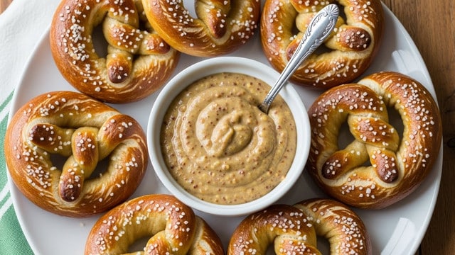 A single soft pretzel with a golden-brown top sits centered on a textured baking sheet with light ridges visible beneath. The pretzel forms a classic looped shape with a thick, rounded body and tightly twisted ends. Its surface shows a smooth, slightly shiny crust sprinkled generously with coarse, white salt crystals that stand out against the warm tones of baked dough. The pretzel’s color gradients from light tan on the bottom and inner edges to a deeper golden brown on the top curves. Photo taken with an iphone --ar 4:5 --v 7