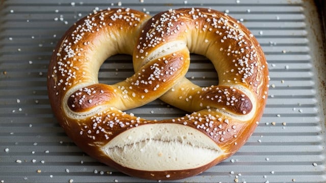 A white plate holds seven golden-brown pretzels sprinkled with coarse salt, each pretzel showing a shiny, baked crust and a twisted shape with slight texture on the surface. In the center of the plate is a small white bowl filled with a thick, grainy mustard dip in a light brown color with tiny dark specks, and a silver spoon with decorative patterns rests inside the bowl. The plate is set on a wooden table with a green and white striped cloth peeking from the bottom left corner. photo taken with an iphone --ar 4:5 --v 7