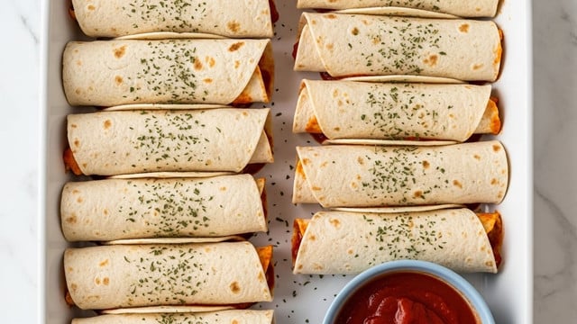 The image shows a white baking dish filled with ten rolled tortillas placed side by side in two neat rows. Each tortilla is pale beige with light brown specks and sprinkled evenly with dried green herbs. Red sauce lightly peeks out from the ends of some tortillas beneath the top layer, showing a thin spread underneath. The dish sits on a white marbled surface, and a small blue bowl filled with thick red sauce is partially visible at the bottom right corner. The overall look is clean and organized, with a soft texture on the tortillas and the hint of savory filling underneath. photo taken with an iphone --ar 4:5 --v 7