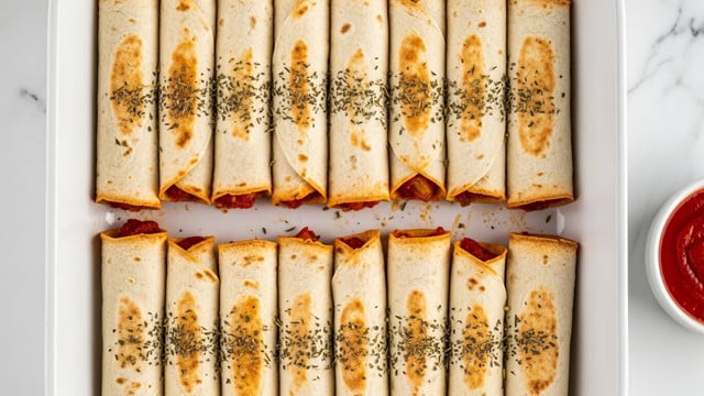 A white baking dish filled with two layers of rolled tortillas, 10 in total, arranged side by side with a sprinkle of dried herbs on top. The tortillas have slight golden brown spots and reveal hints of tomato sauce peeking out from the ends, showing they are filled. The background features a white marbled texture and a small white bowl with red sauce is visible in the bottom right corner. Photo taken with an iphone --ar 4:5 --v 7
