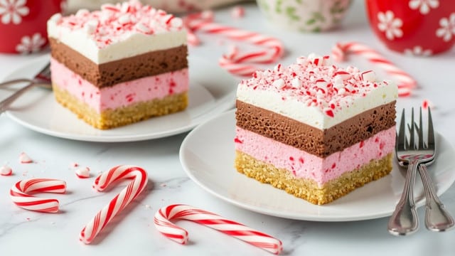 The image shows two square pieces of layered dessert on white plates placed on a white marbled surface. Each piece has four layers: a light golden brown crumbly base at the bottom, a pink creamy layer with red flecks right above it, a thick middle layer of smooth dark brown chocolate mousse, and a thick top layer of white whipped cream sprinkled and topped with small pieces of crushed red-and-white candy canes. Around the plates, several red-and-white striped candy canes lie scattered, with two silver forks to the right side. The background contains red mugs with white floral designs, adding a cozy feel. The photo taken with an iphone --ar 4:5 --v 7