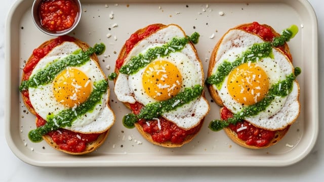 Three slices of toasted bread sit on a light beige tray with rounded edges placed on a white marbled surface. Each toast has a base layer of chunky red tomato sauce with visible bits of tomato. On top, there is a sunny-side-up egg with a bright yellow yolk and white edges that have slight crisping. A green herb sauce with finely chopped leaves and seeds is drizzled over the eggs, adding color contrast. Small black pepper specks and some white grated cheese are sprinkled on top. A small silver dish with red sauce is seen in the top left corner of the tray. photo taken with an iphone --ar 4:5 --v 7