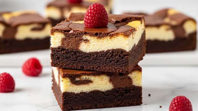 The image shows two stacked brownies with three clear layers: a dark brown, almost black, bottom layer that looks moist and dense; a thick middle layer of creamy, pale yellow cheesecake that is smooth and slightly swirled with chocolate; and a thin, cracked top layer of rich, glossy dark brown brownie crust. There is a single small dark red raspberry on top of the upper brownie. A few more raspberries lie scattered around the white marbled surface beneath the brownies. The close-up shot highlights the textures of the cracked brownie crust and the creamy cheesecake center. Photo taken with an iphone --ar 4:5 --v 7