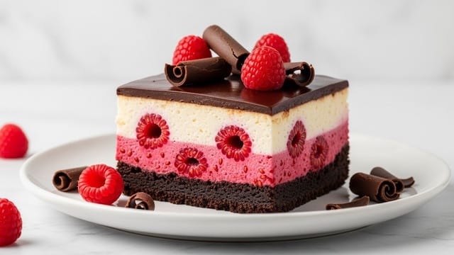 The dessert is a square slice with four distinct layers placed on a white plate with a white marbled texture background. The bottom layer is a dark, dense chocolate crust, followed by a thick layer of pink raspberry filling with visible whole raspberries and seeds. Above that is a creamy off-white cheesecake layer with some raspberry streaks through it. The top layer is a glossy, smooth dark chocolate ganache, decorated with fresh red raspberries and curls of dark chocolate. Some chocolate curls and a raspberry are scattered on the plate around the slice. Photo taken with an iphone --ar 4:5 --v 7