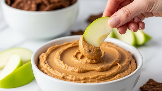 A white bowl filled with a smooth, thick brown dip that has small darker specks in it, with a green apple slice being dipped into it by a woman's hand from the right side of the image. In the blurred background, there is another white bowl with brown chips and some green apple slices scattered on a white marbled surface. The focus is on the apple slice dipping into the creamy dip. photo taken with an iphone --ar 4:5 --v 7
