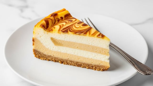 A single slice of cheesecake with three visible layers sits on a white plate. The bottom layer is a crumbly golden-brown crust, the middle and thickest layer is smooth, creamy white cheesecake, and the top layer has golden brown swirls melted into the white cheesecake, creating a marbled effect. The slice is shaped like a triangle with a slightly browned surface on the swirled top layer. Next to the cheesecake slice, there is an antique-style metal fork resting on the plate. The plate is placed on a white marbled surface. Photo taken with an iphone --ar 4:5 --v 7