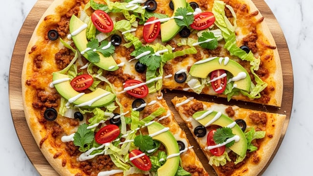 A round pizza on a wooden board with a golden brown crust as the base layer, topped with melted orange and white cheese mixed with browned ground meat and small black olive slices. Over this, there are scattered small red tomato pieces and thin green lettuce strips. Fresh green avocado slices are placed on top, along with halved red cherry tomatoes, fresh green cilantro leaves, and a few drizzles of white sauce spread evenly across. Two slices are slightly pulled out from the main pizza. The scene is set on a white marbled texture background. photo taken with an iphone --ar 4:5 --v 7